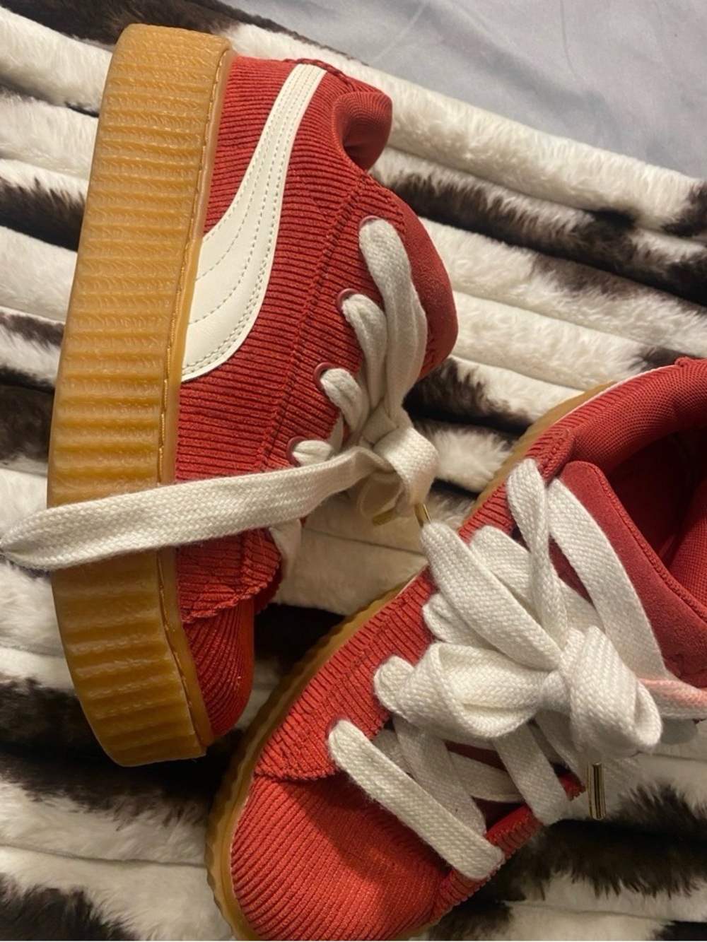 Puma Red Corduroy Platform Sneakers with White Stripe